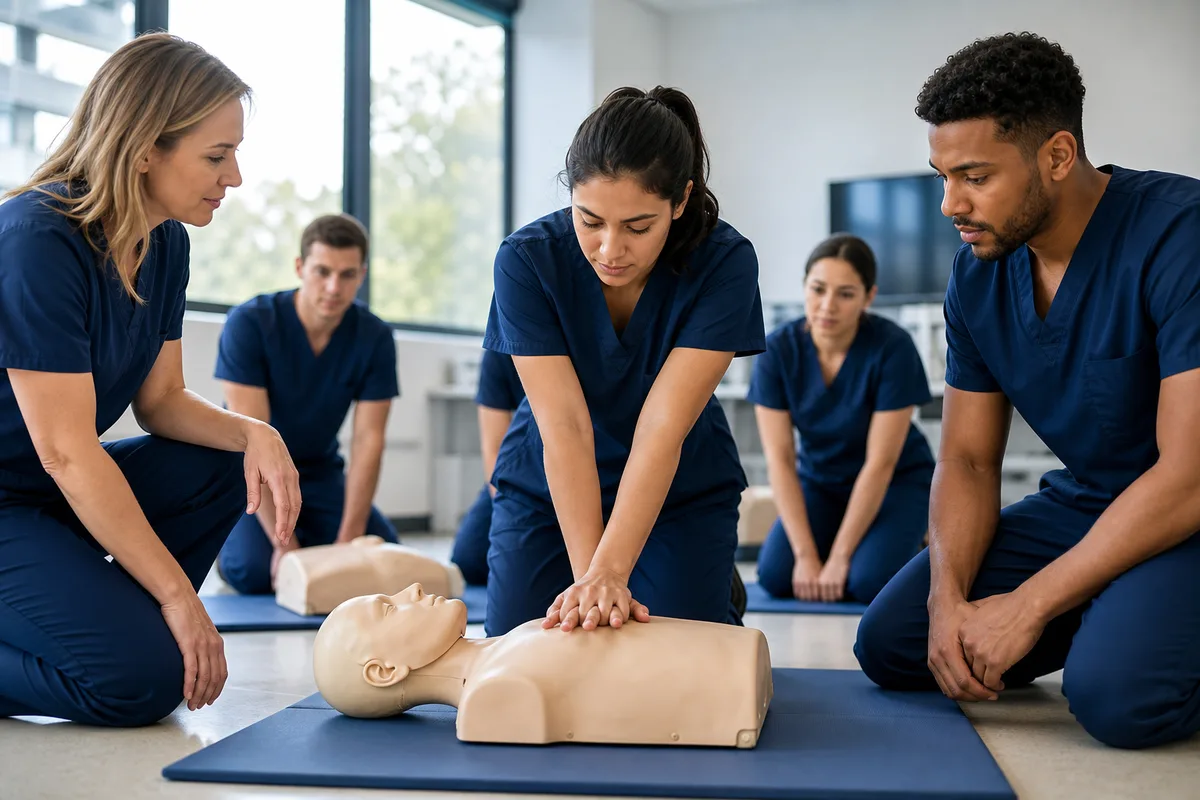Healthcare students practicing BLS chest compressions on a training manikin